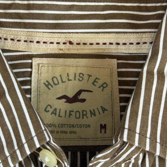 Hollister Vintage Y2K Logo Striped Oxford Button Shirt Brown Mns Medium - Picture 6 of 10